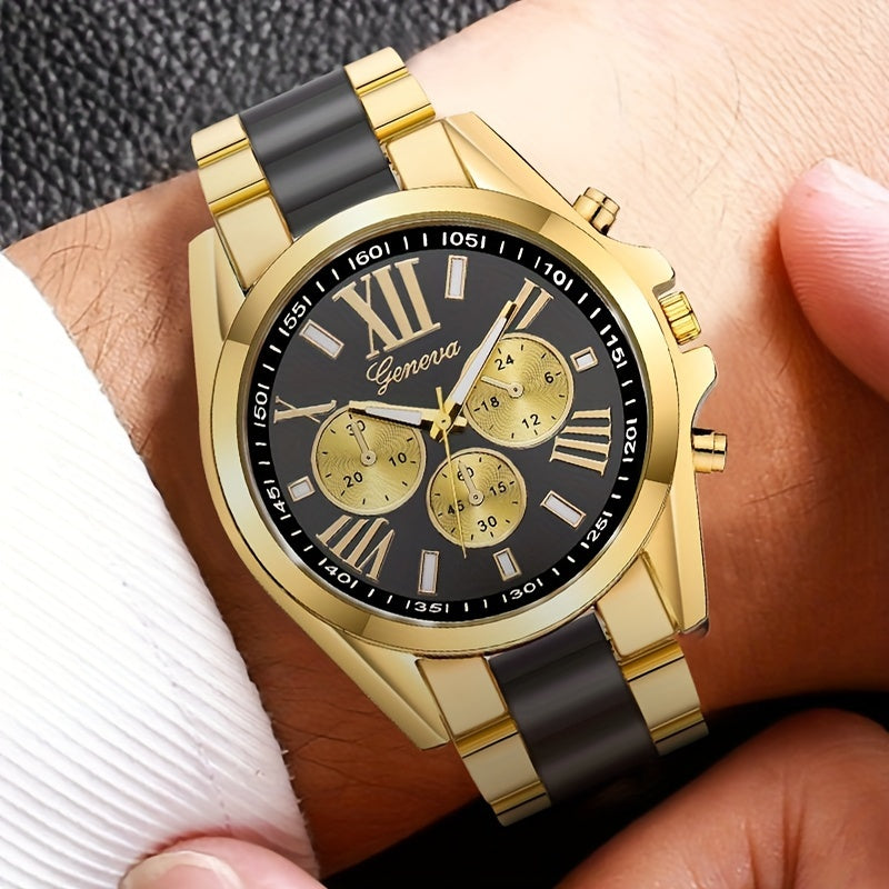 Elegant Men's Quartz Watch – Luxurious Golden-Tone with Large Roman Dial