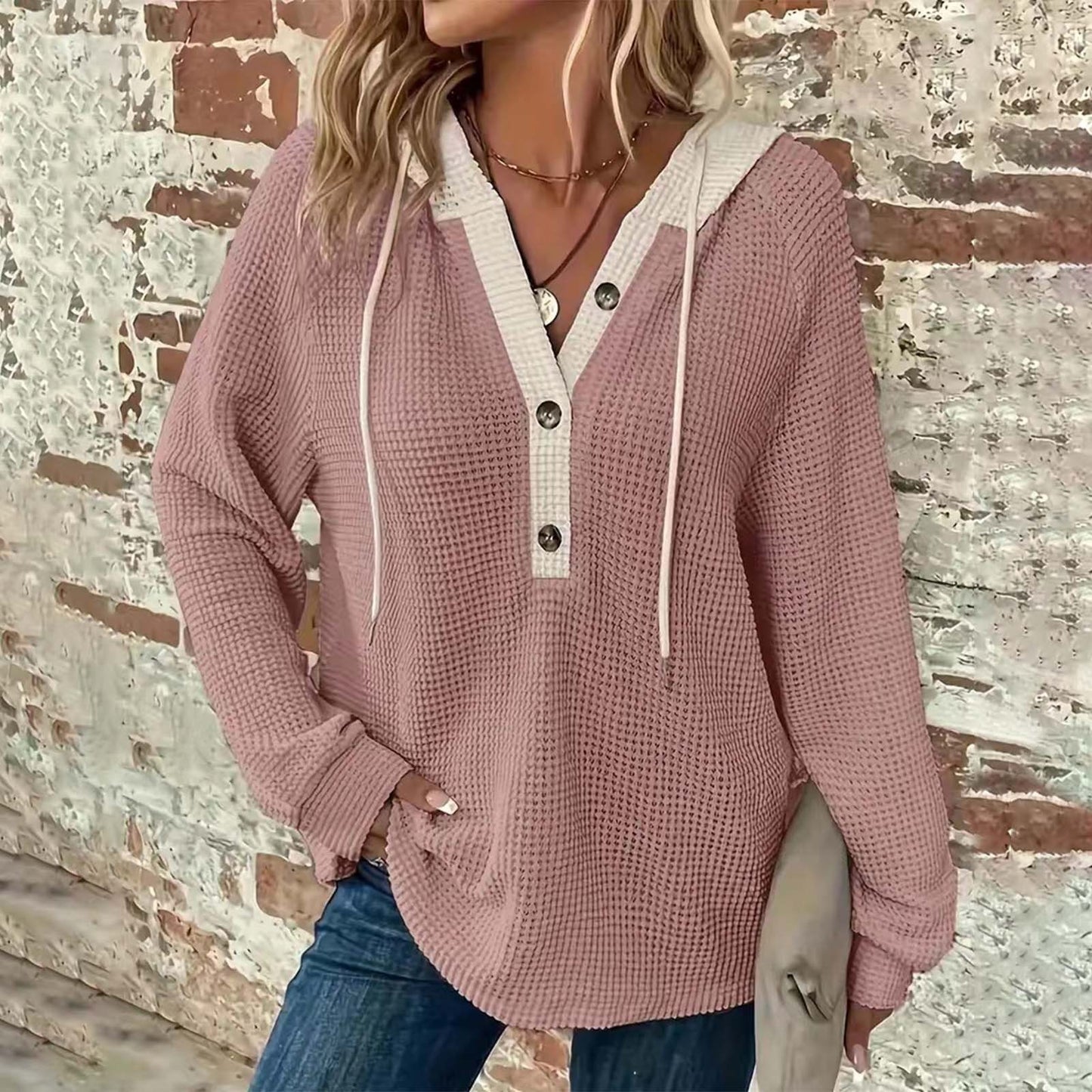 Women's Loose Fit Waffle Hoodie – Button-Up, Long Sleeve