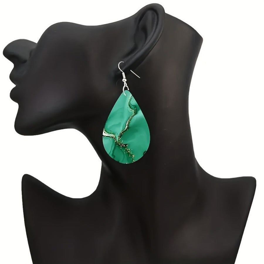 2 Pc Bohemian Minimalist Double-Sided Water Drop Earrings with Marbled & Glitter Design
