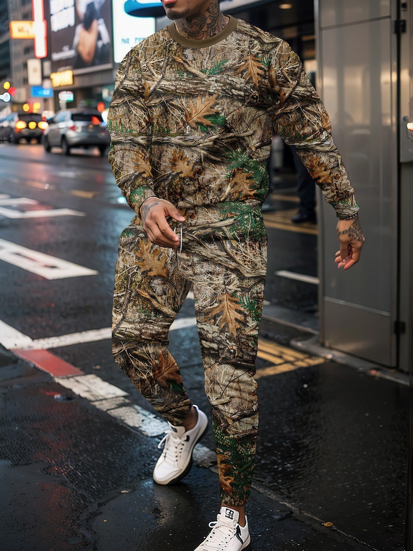 Round Neck Jungle Camouflage Sweater & Two-Piece Pants Set