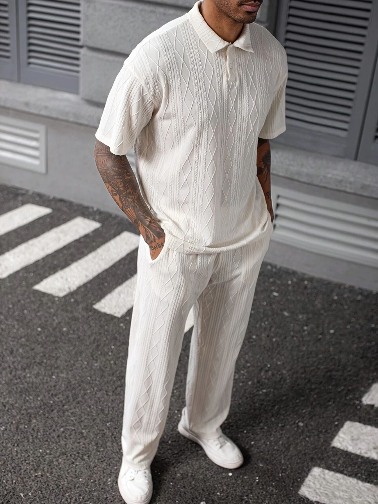 Men's Jacquard Texture Polo Shirt & Shorts Two-Piece Set