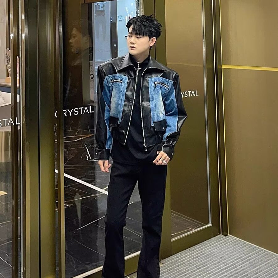 High-Quality PU Leather & Denim Panel Jacket