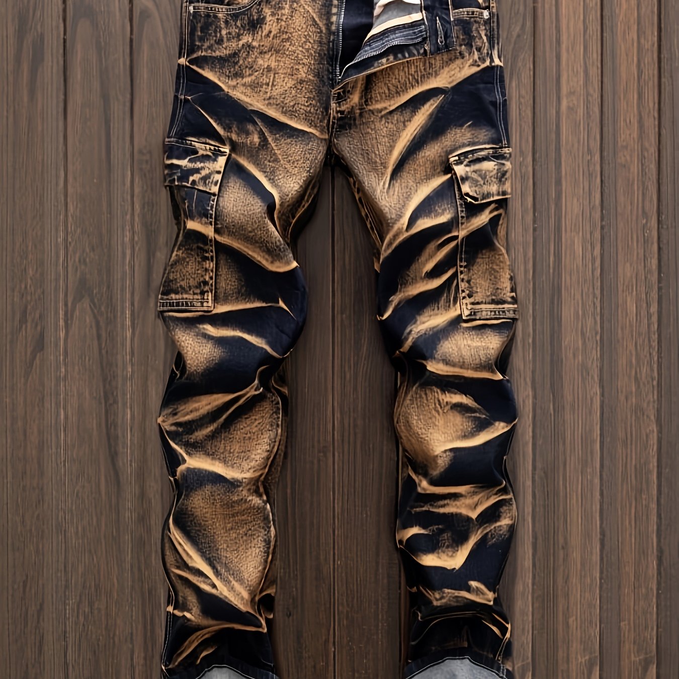 Men’s Straight Cut Ripped Camouflage Jeans – Designer Streetwear Style