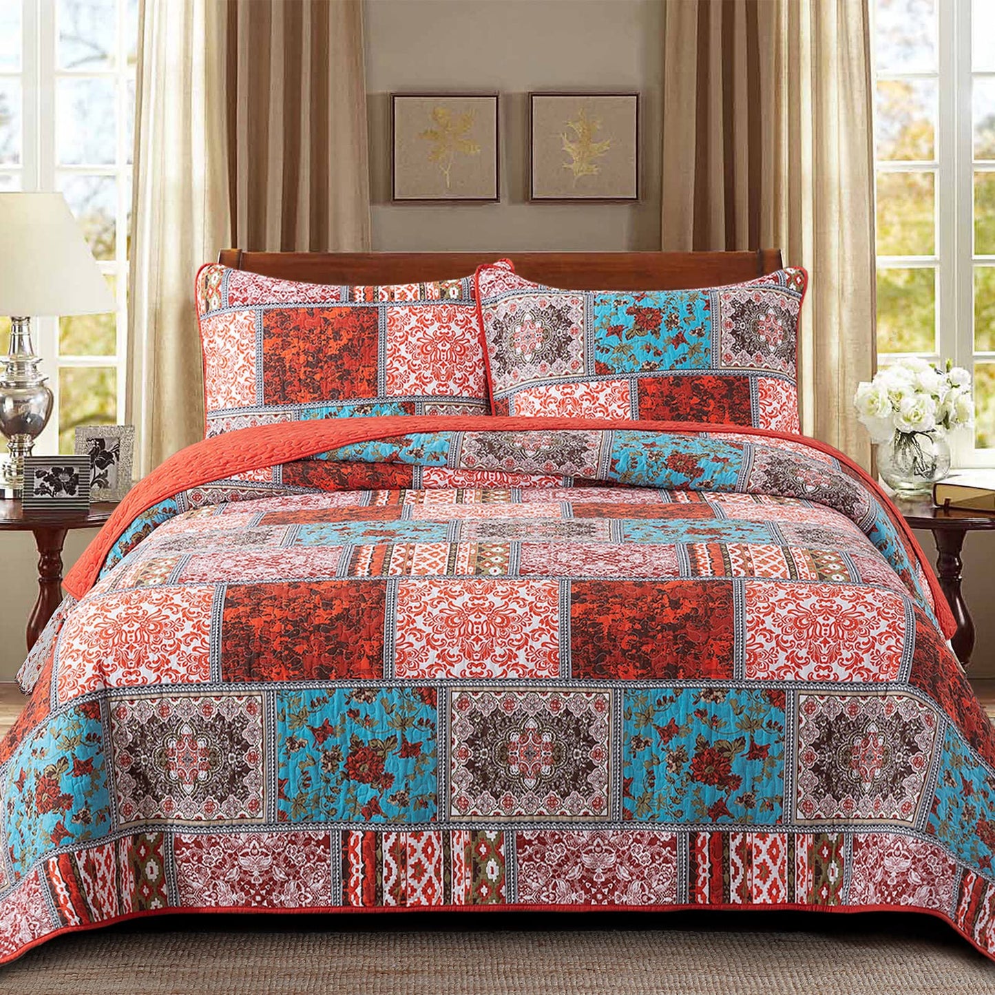 NEWLAKE Quilt Bedspread Sets-Checkered Floral Reversible Coverlet Set,Queen Size