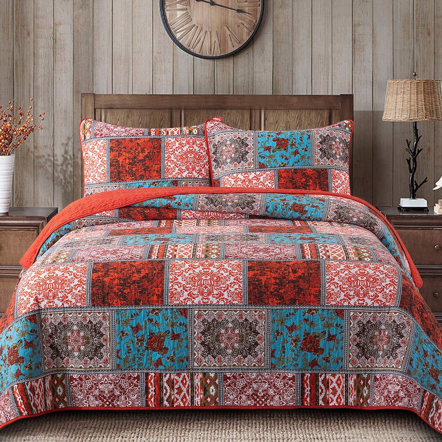 NEWLAKE Quilt Bedspread Sets-Checkered Floral Reversible Coverlet Set,Queen Size