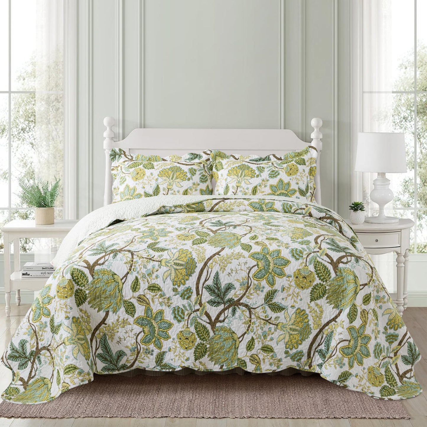 NEWLAKE Quilt Bedspread Sets-Checkered Floral Reversible Coverlet Set,Queen Size