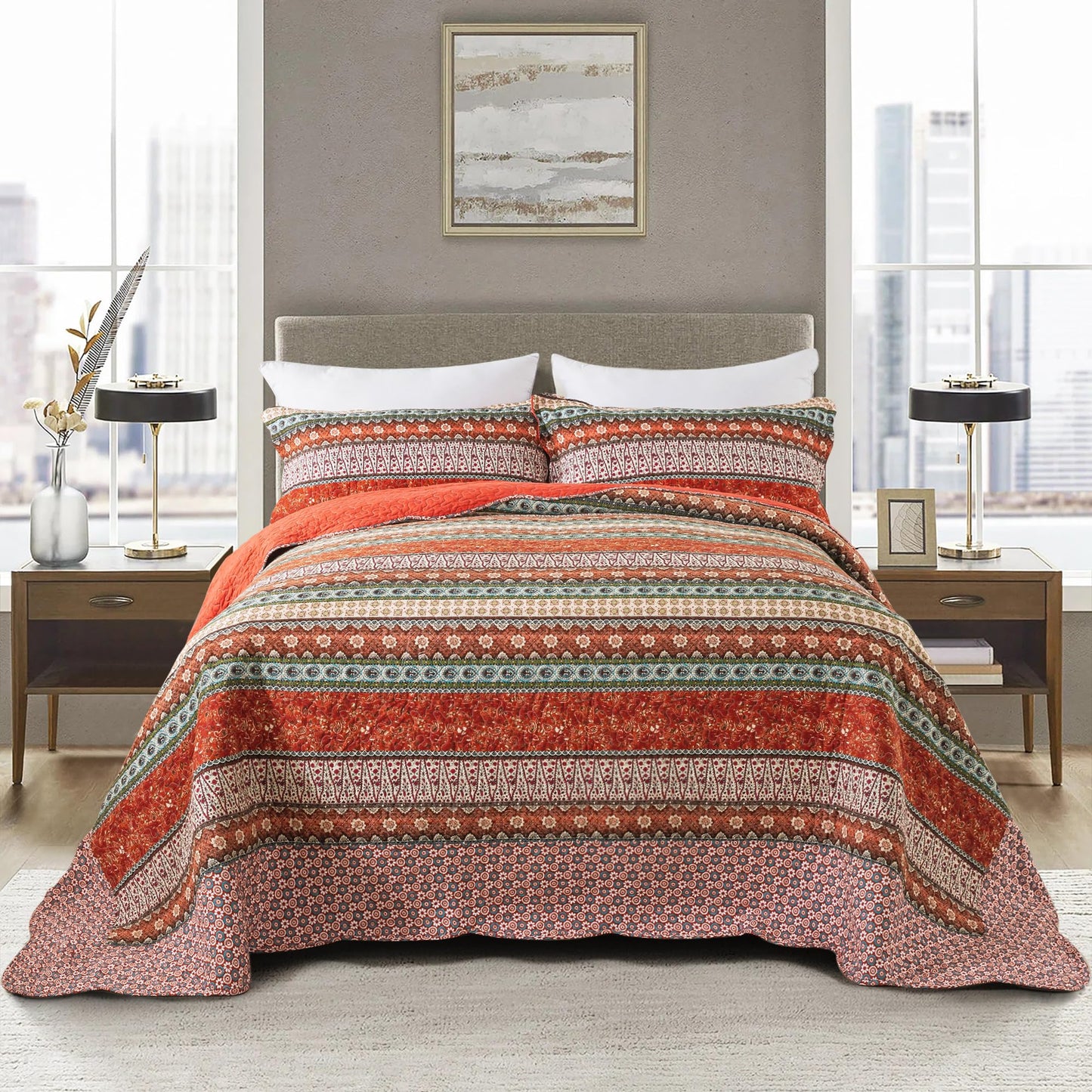 NEWLAKE Quilt Bedspread Sets-Checkered Floral Reversible Coverlet Set,Queen Size