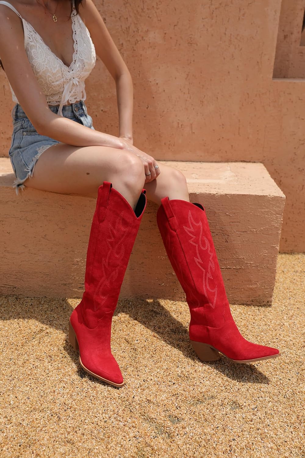 iiimmu Cowgirl Boots Women Knee High Boots Pointed Toe and Block Heel Cowboy Suede and Faux Leather Boots with Embroidered