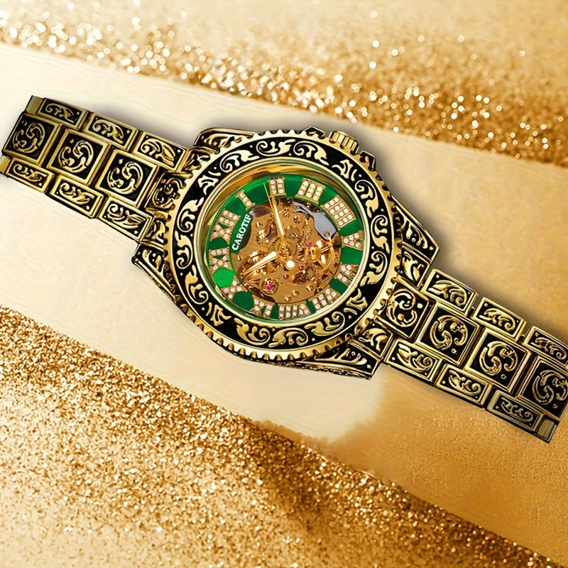1pc Men's Red Steel Belt Retro Style Mechanical Watch – Luminous & Carved Design