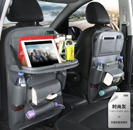 PU Leather Car Storage Bag – Multifunctional Seat Back Organizer with Foldable Tray