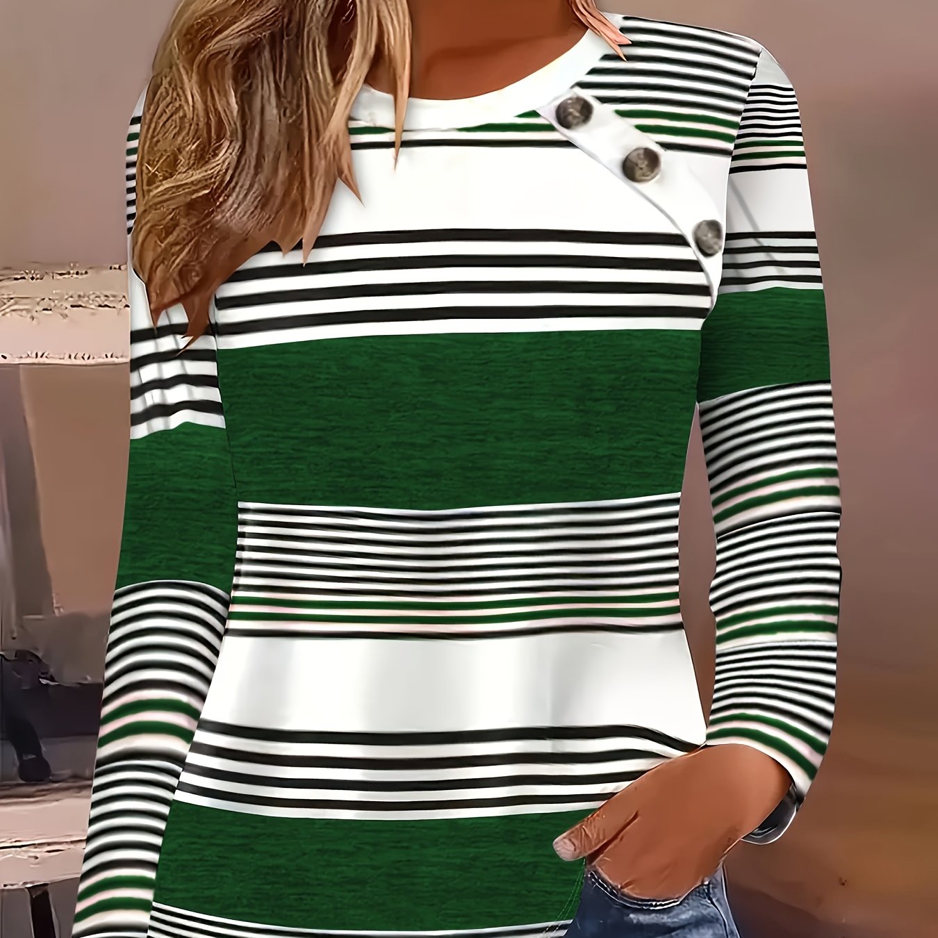 Striped Contrast Button T-Shirt – Long Sleeve Casual Tee for Women