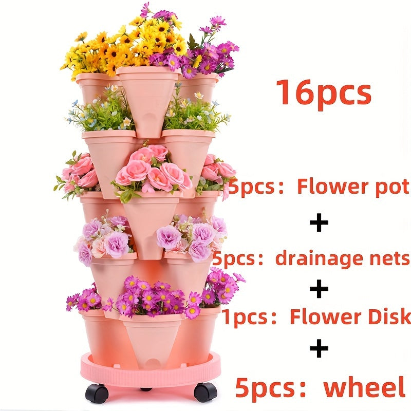 Hot Deal 5-Layer Stackable Vertical Garden Planter – 1 Set (16 Pcs) with Wheels & Tools