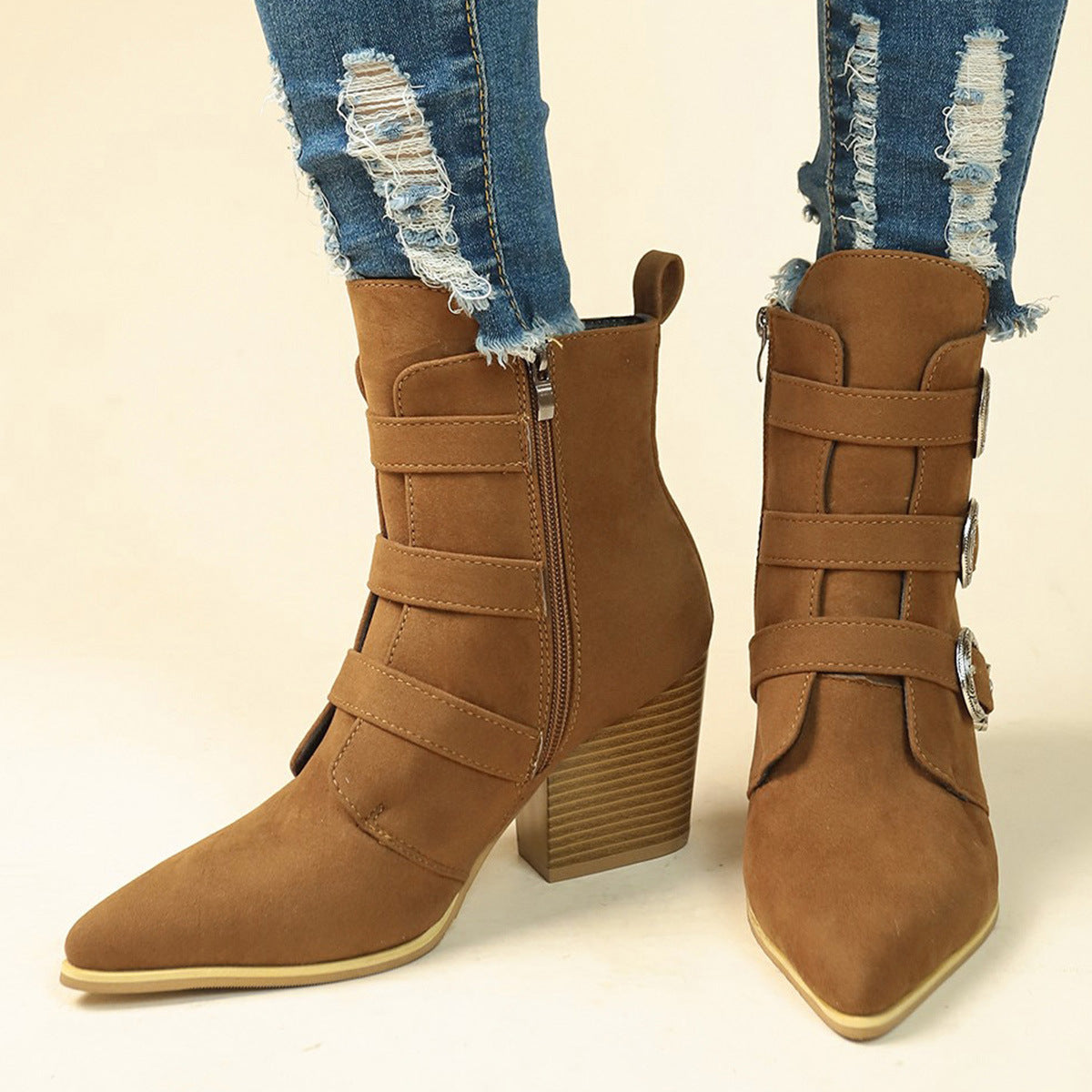Chunky Heel Pointed Toe Boots with Belt Buckle