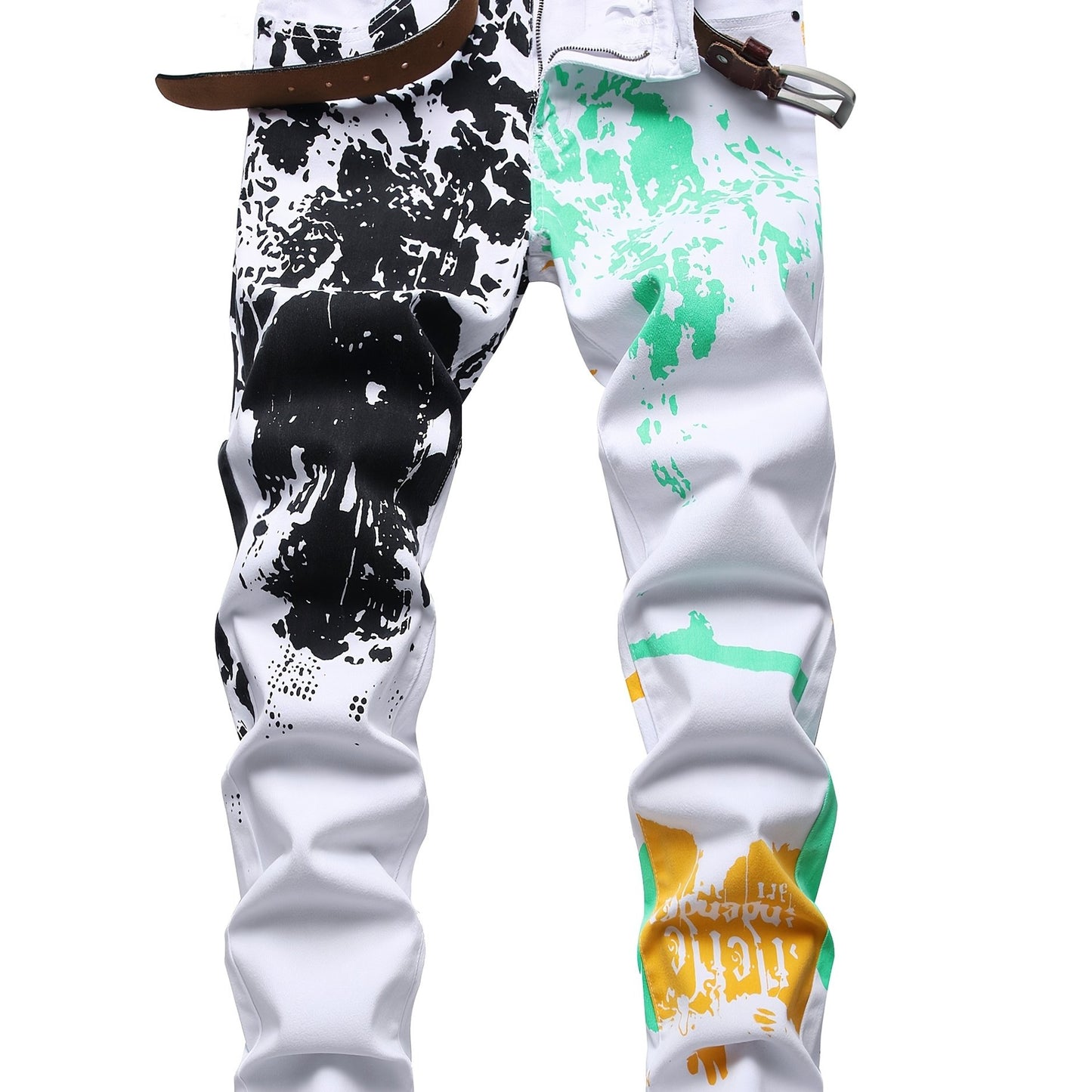 Men's Full-Body Printed White Denim Casual Pants