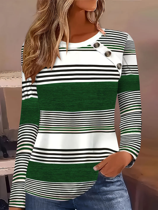Striped Contrast Button T-Shirt – Long Sleeve Casual Tee for Women