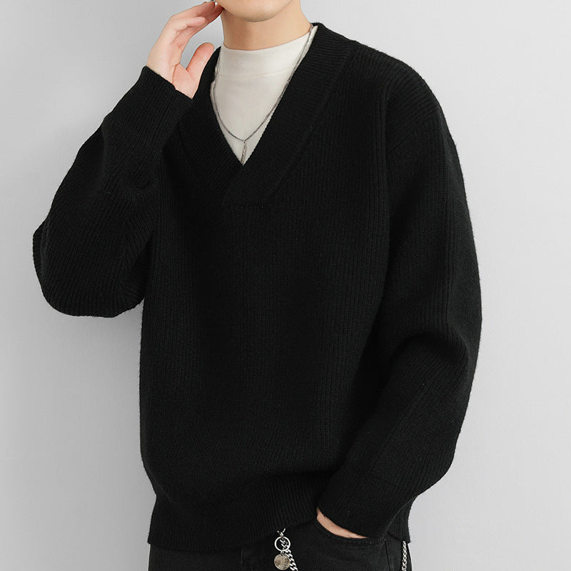 Men's V-Neck Solid Color Chunky Knit Sweater