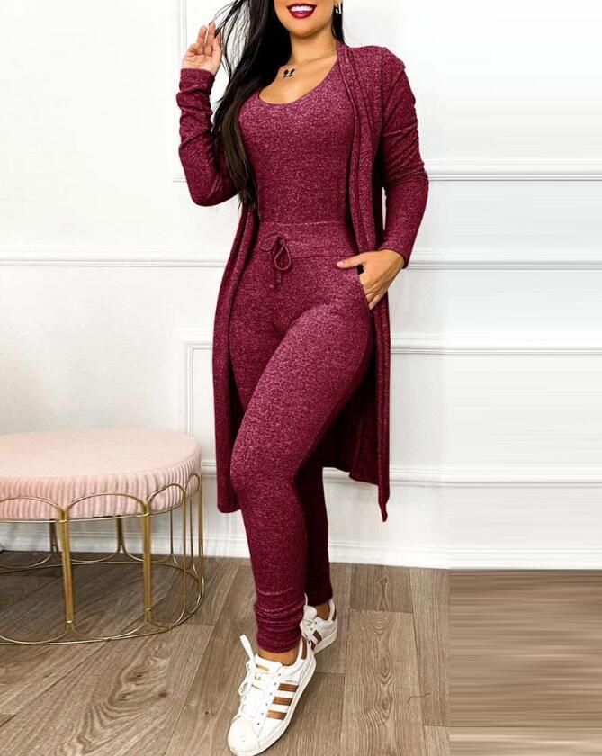 Women's Casual 2-Piece Set – High-Waist Jumpsuit with Drawstring Pockets & Matching Cardigan Cover