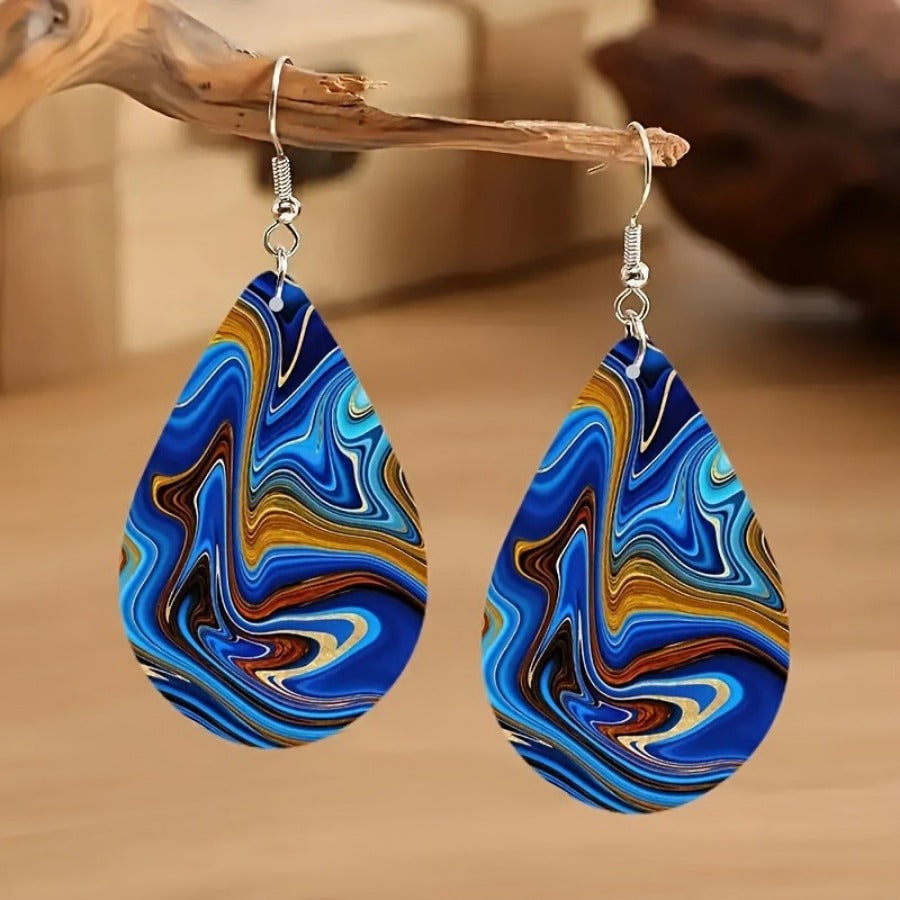 2 Pc Bohemian Minimalist Double-Sided Water Drop Earrings with Marbled & Glitter Design