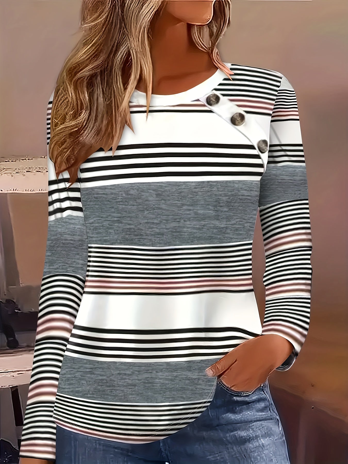 Striped Contrast Button T-Shirt – Long Sleeve Casual Tee for Women