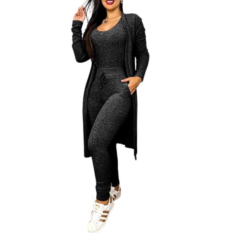 Women's Casual 2-Piece Set – High-Waist Jumpsuit with Drawstring Pockets & Matching Cardigan Cover