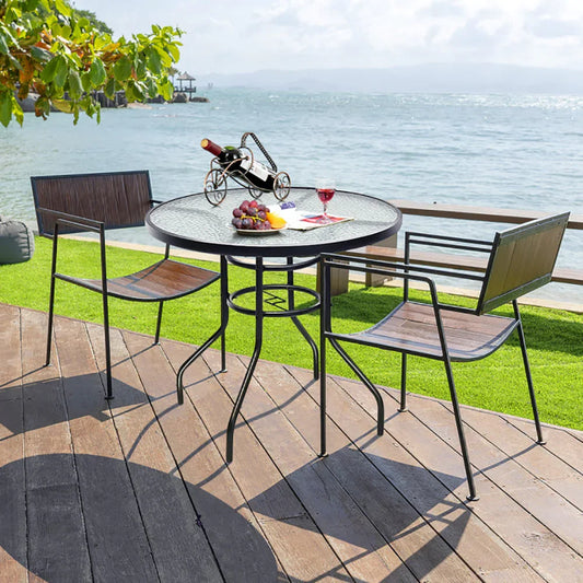 32-inch Modern Outdoor Patio Table with Tempered Glass Top and Iron Frame + Umbrella Hole