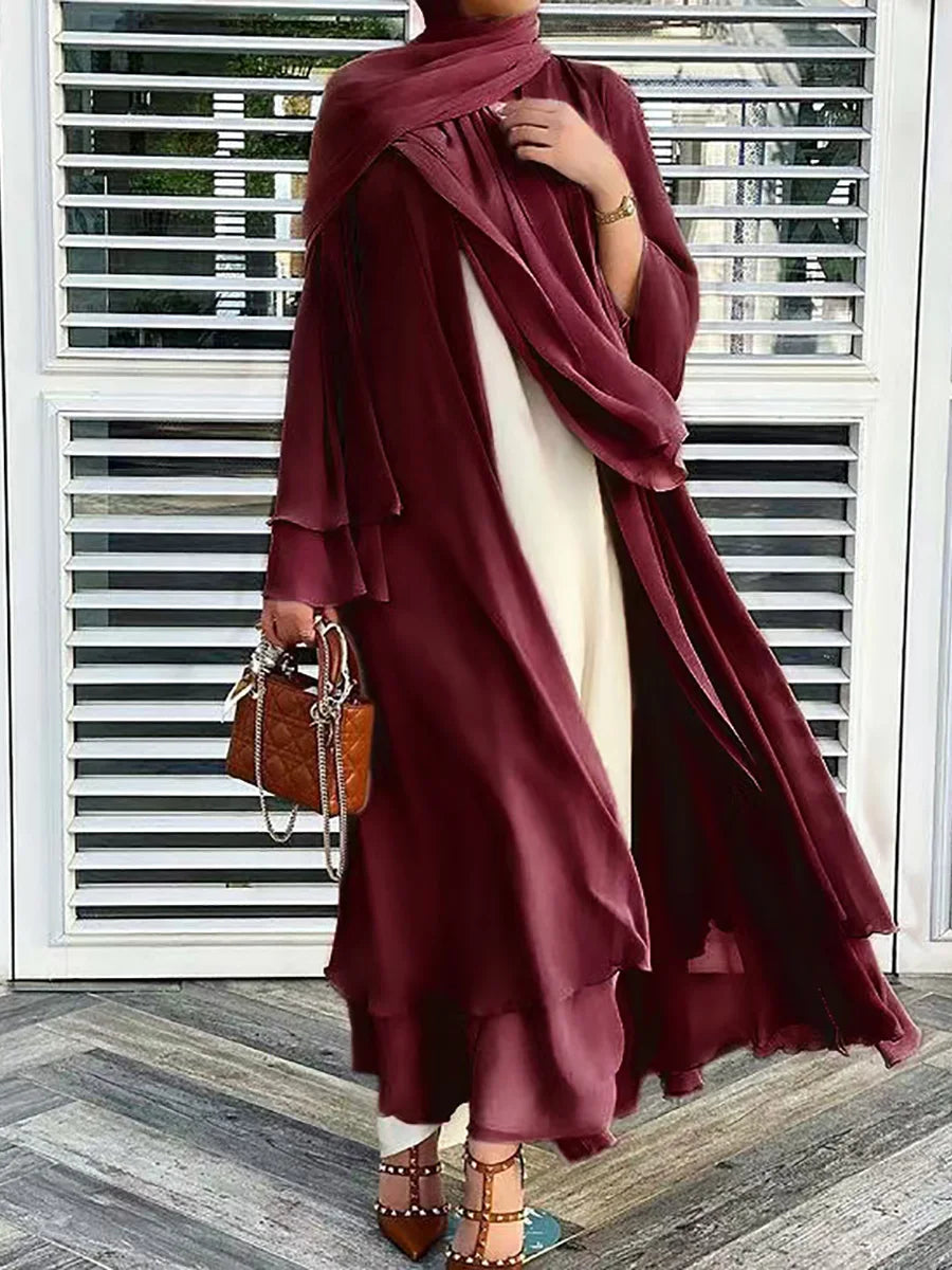 Latest Muslim Abaya – Two-Layer Chiffon Elegant Cardigan Robe for Women