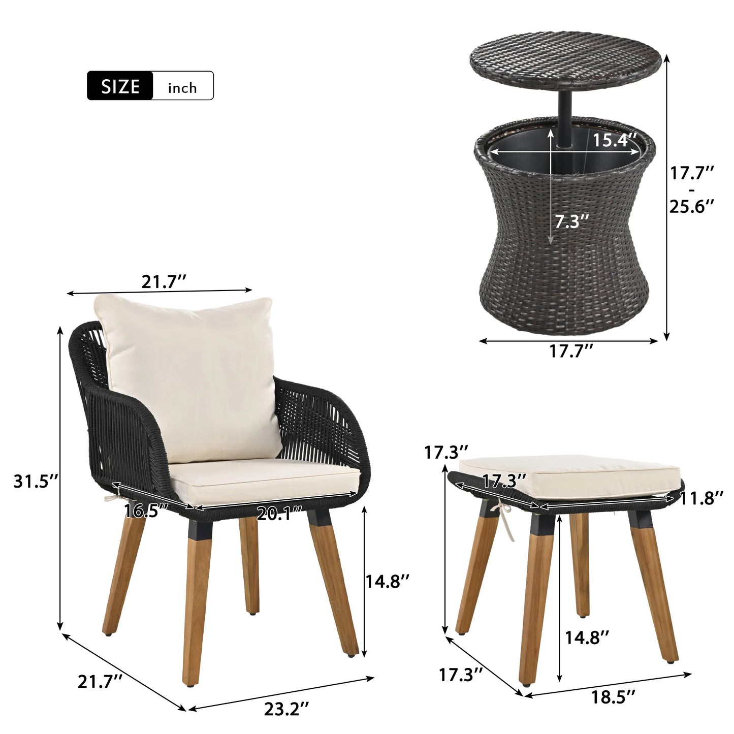 wicker patio conversation sets with a cool bar table + ottomans