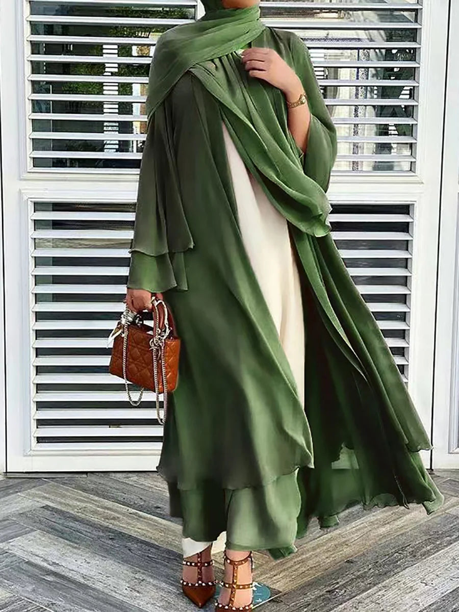 Latest Muslim Abaya – Two-Layer Chiffon Elegant Cardigan Robe for Women
