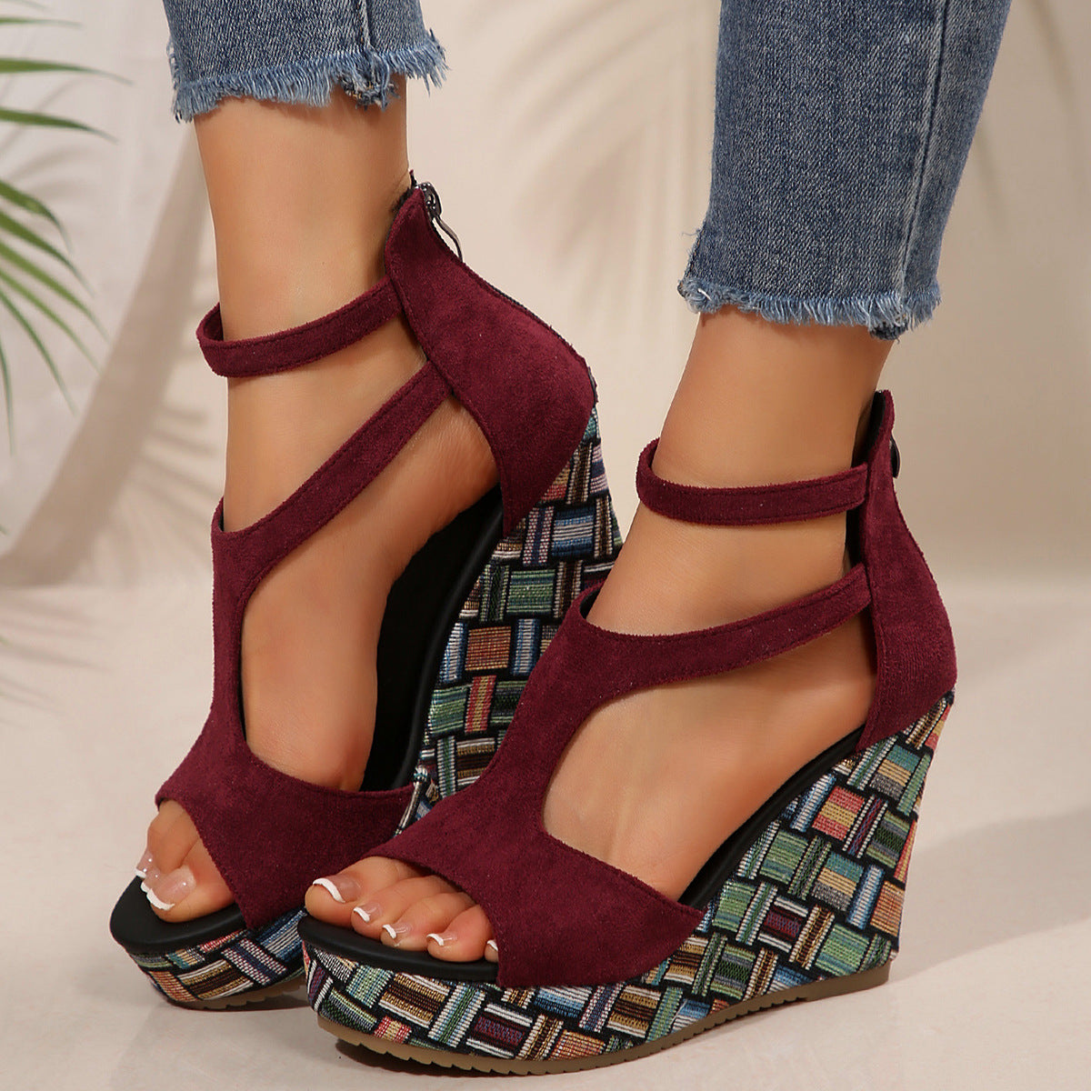 Women's Thick-Soled Wedge Sandals with Ankle Strap and Buckle – Hemp Sole Design