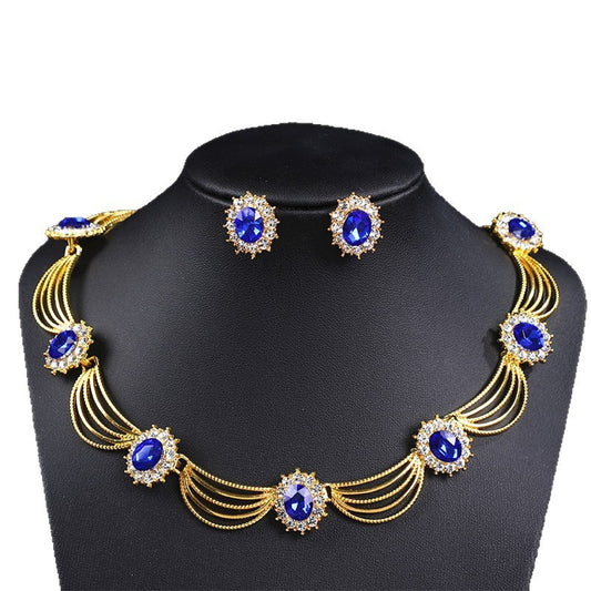 Vintage Gemstone Necklace & Earrings Set – Retro Medieval Royal Court Jewelry, Fan-Shaped Statement Pendant, Elegant Artistic Jewelry Gift for Women
