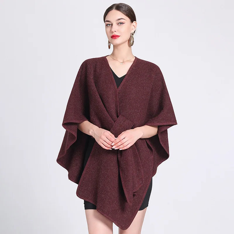 Fashion Side Strap Wool-Blend Poncho Cape – Autumn/Winter Women’s Cardigan Shawl Cloak
