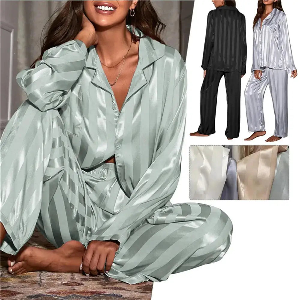 Women's Summer Striped Silk Satin Pajama Set – Long Sleeve Top & Trousers