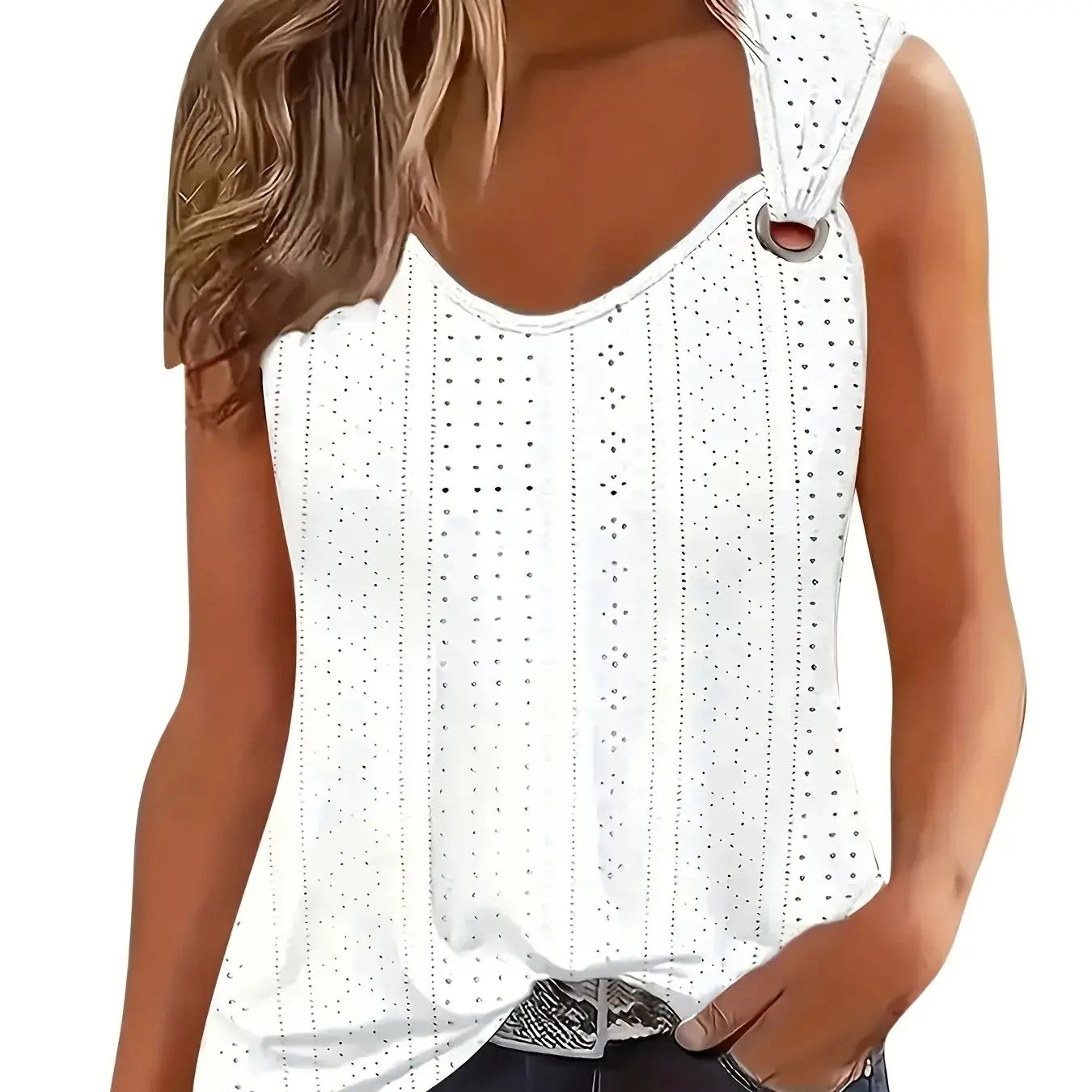 Women's Eyelet Embroidered Cami Top, V-Neck Sleeveless Tank with Decorative Buckle Straps