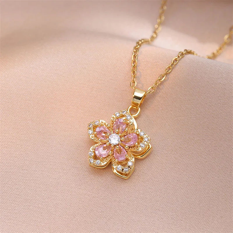 Shiny Zircon Romantic Flower Pendant Necklace for Women