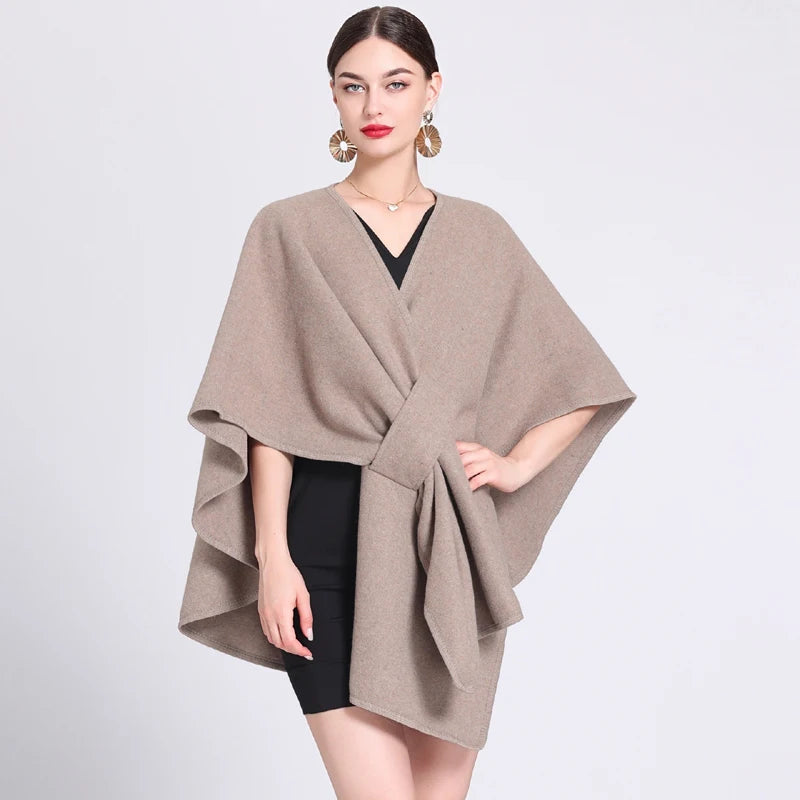 Fashion Side Strap Wool-Blend Poncho Cape – Autumn/Winter Women’s Cardigan Shawl Cloak