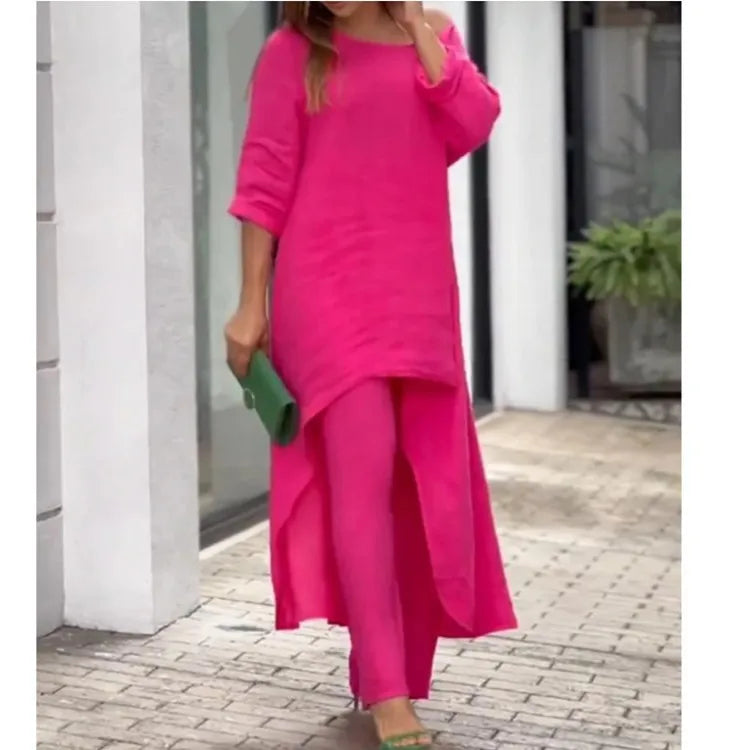 Two-Piece Women's African Outfit – Cotton Linen Top & Oversized Trousers