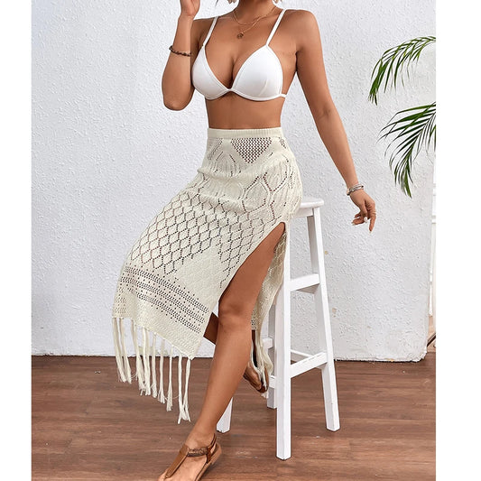 Women’s Knitted Texture Sarong Skirt – Sexy High Slit Tassel Beach Cover-Up