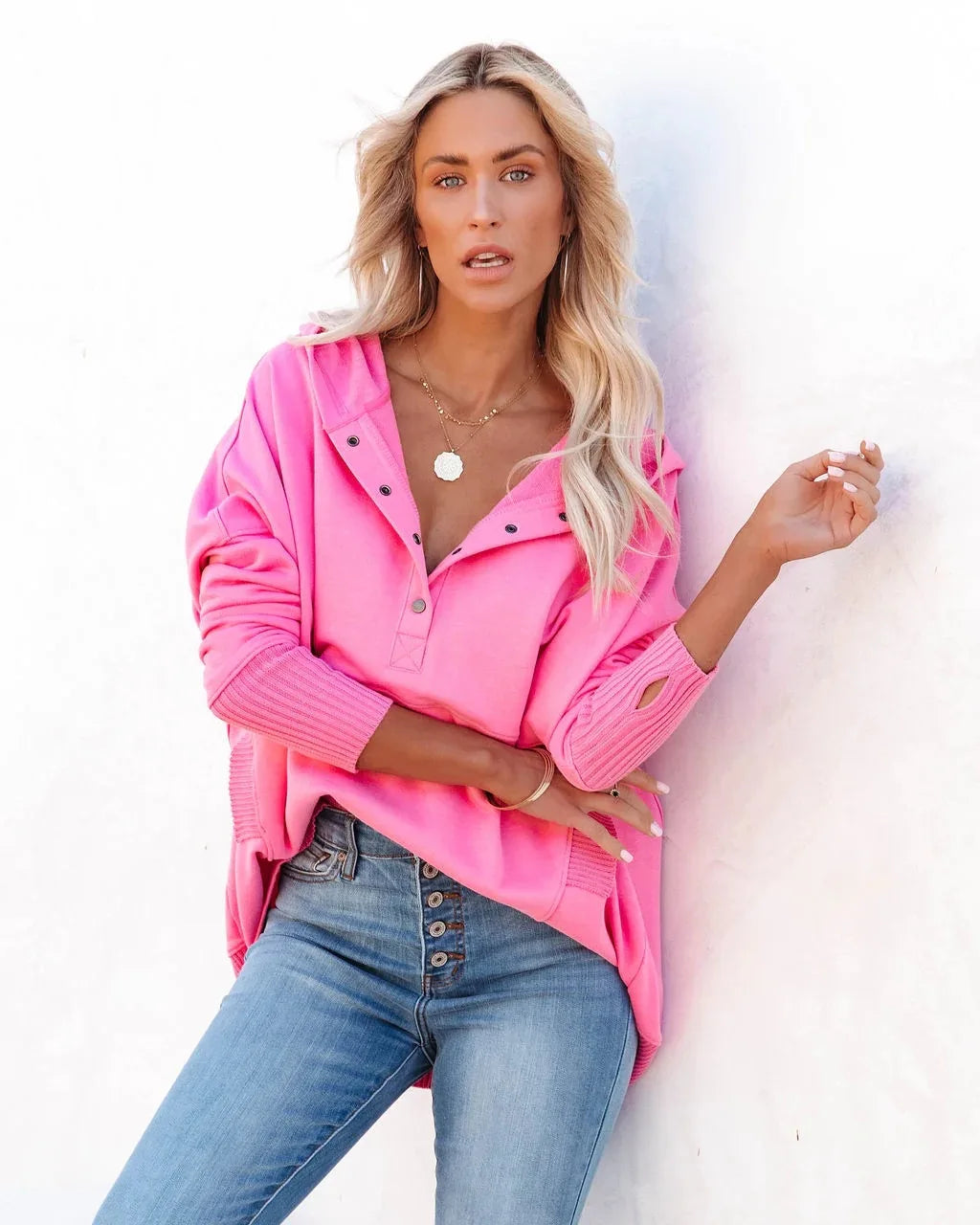 Stay Cozy in Style – Casual Loose White V-Neck Hooded Sweatshirt for Women