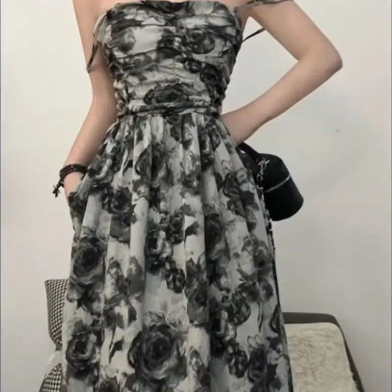 Rose Print Black Cardigan Dress Set – Lightweight, Loose, Casual Summer Sunscreen Two-Piece for Women