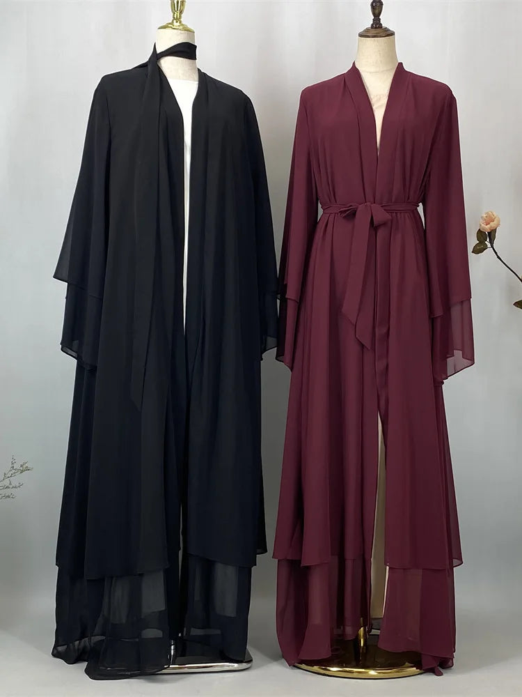 Latest Muslim Abaya – Two-Layer Chiffon Elegant Cardigan Robe for Women