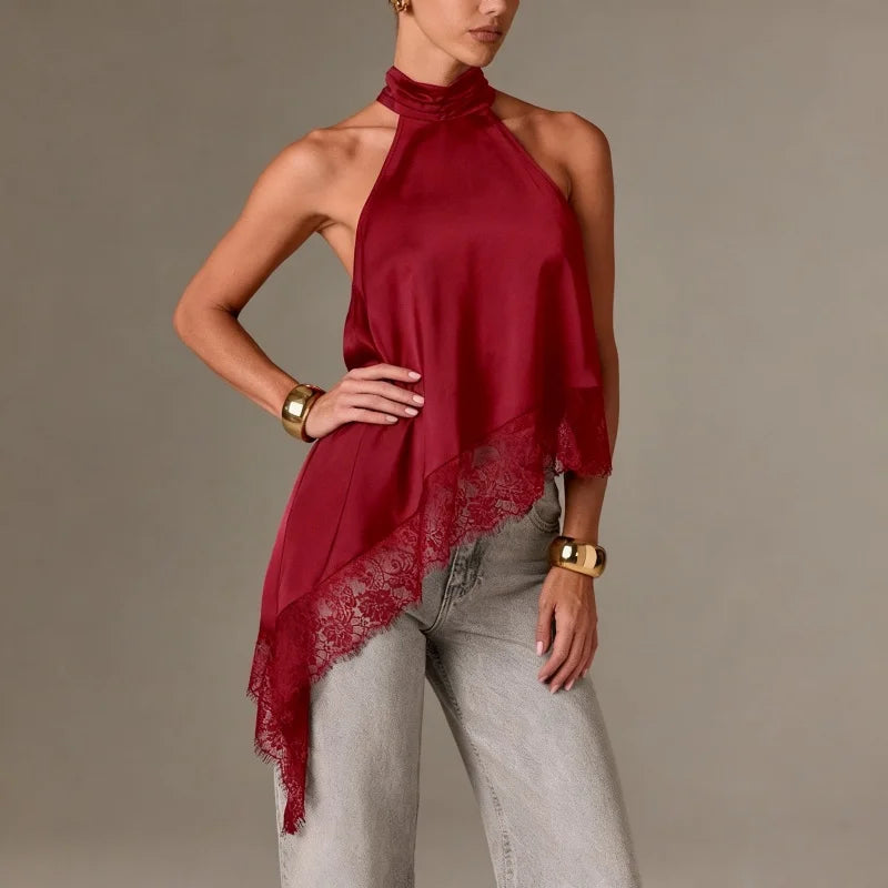 Women Y2K Mock Neck Halter Top – Satin Lace Asymmetrical Hem Sleeveless Crop Tank