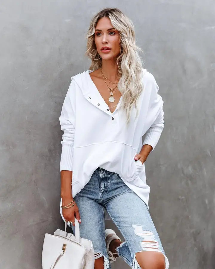 Stay Cozy in Style – Casual Loose White V-Neck Hooded Sweatshirt for Women