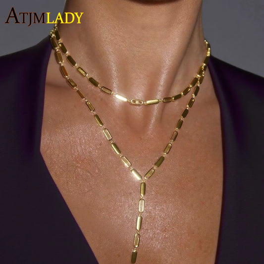 Geometric Rectangle Bling Micro Pave CZ Bar Link Chain Choker Lariat Y Necklace – Silver C