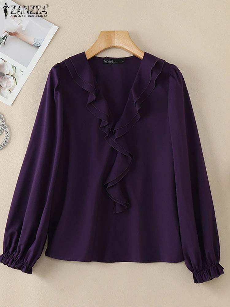 ZANZEA Women’s V-Neck Long Sleeve Blouse – Elegant Office Tunic Top