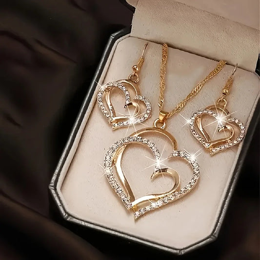 Sparkling Rhinestone Double-Layer Hollow Heart Pendant Necklace
