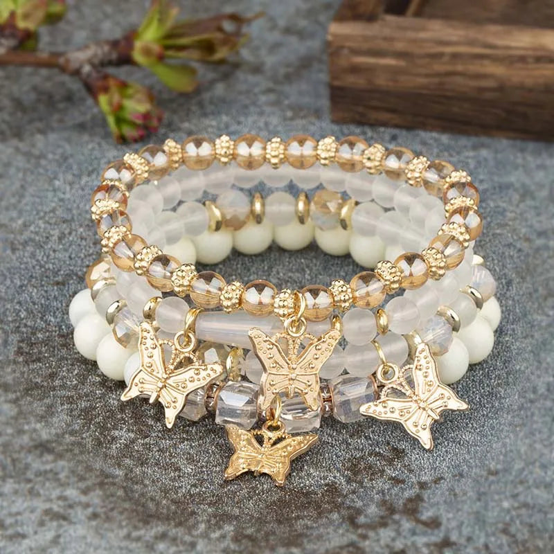 4-Piece Trendy Butterfly Beaded Bracelet Set for Women