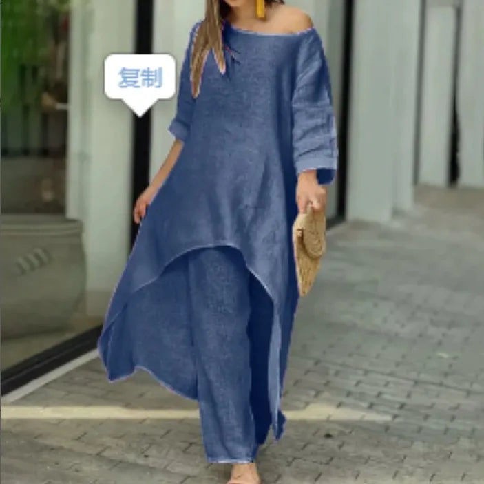 Two-Piece Women's African Outfit – Cotton Linen Top & Oversized Trousers