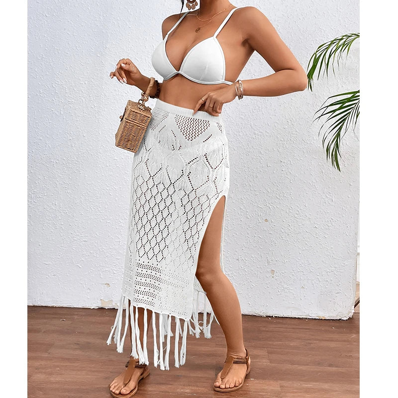 Women’s Knitted Texture Sarong Skirt – Sexy High Slit Tassel Beach Cover-Up