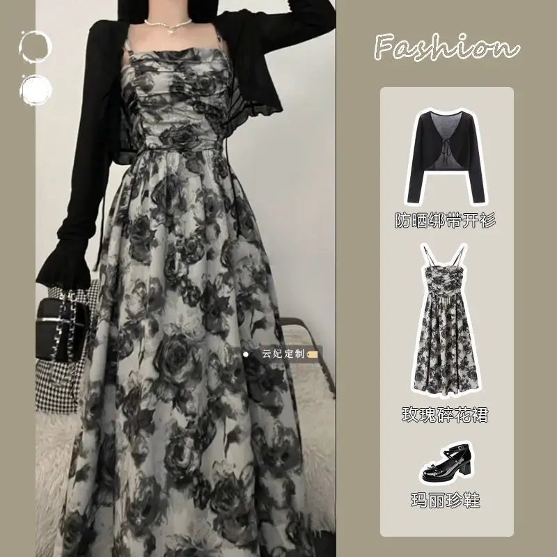 Rose Print Black Cardigan Dress Set – Lightweight, Loose, Casual Summer Sunscreen Two-Piece for Women