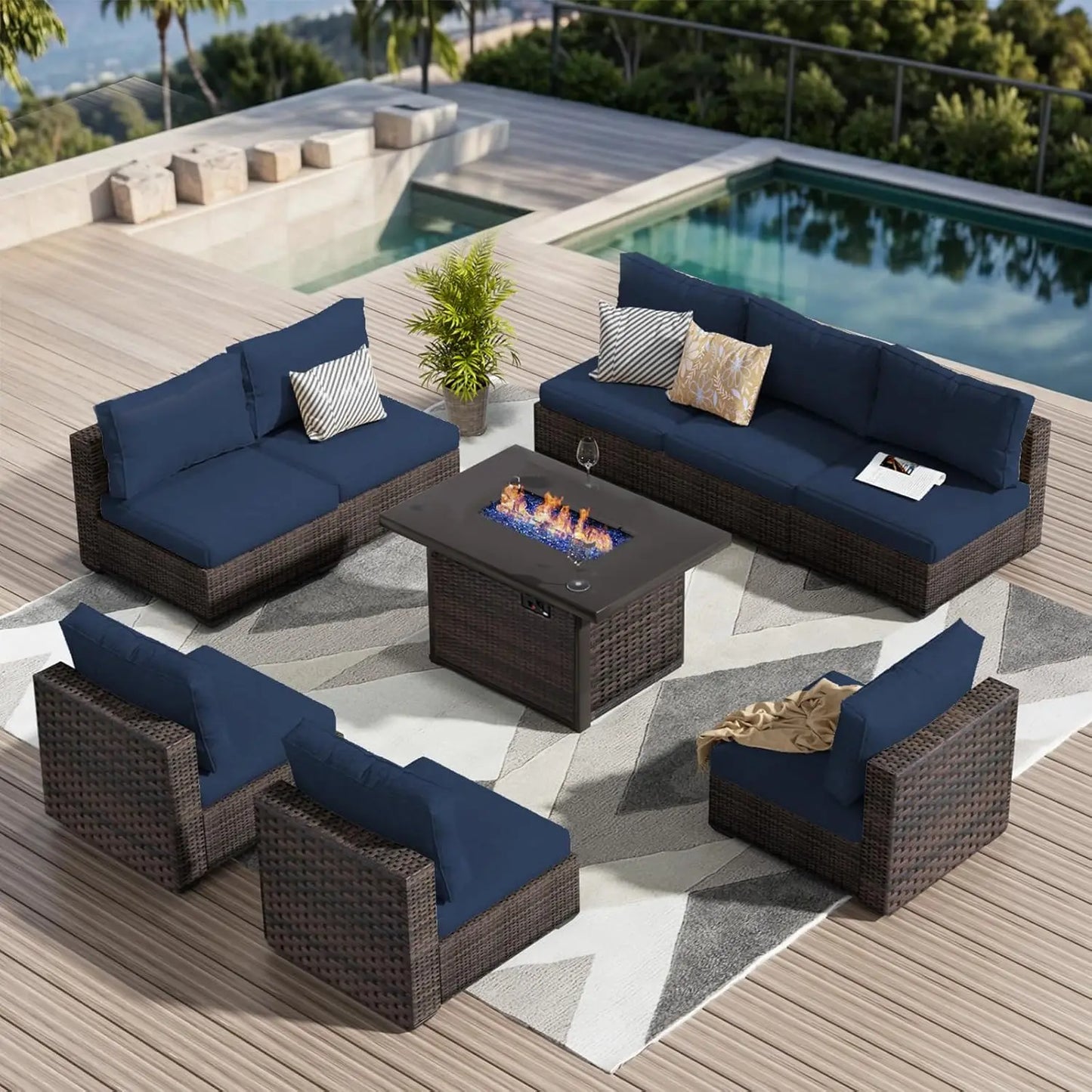 9-Piece Outdoor Sectional Patio Furniture Set with Fire Pit Table